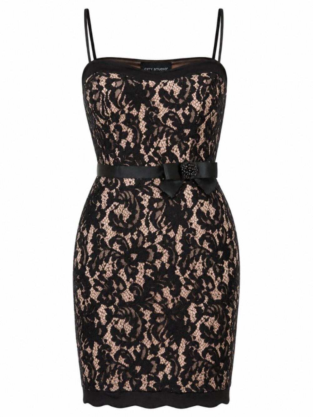 City Studio Black Nude Floral Lace Bow Bodycon Dress Size 3 NWT - Picture 5 of 6